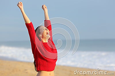 Happy funny excited woman on the beach Stock Photo