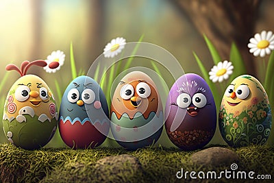 Happy funny group Easter egg cartoon character on the background of nature, Easter concept, generated ai Stock Photo