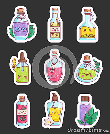 Happy funny herbal oil bottle. Sticker Bookmark Stock Photo