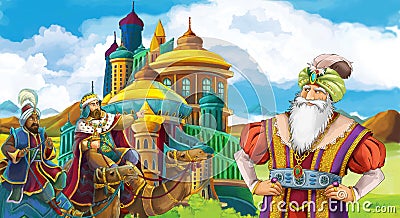 Cartoon scene with arabian king near some magnificent castle and magician Cartoon Illustration
