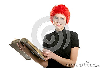 Happy funny student beautiful girl with old book Stock Photo