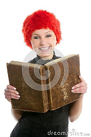 Happy funny student beautiful girl with old book Stock Photo