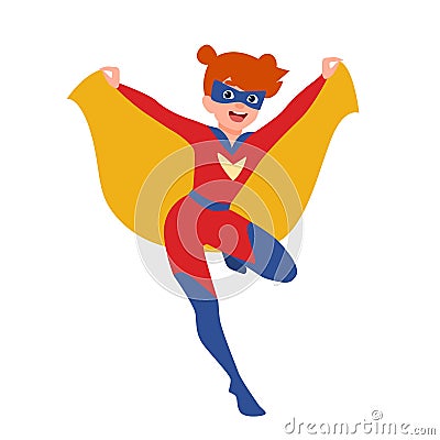 Happy funny supergirl or girl with super powers. Smiling redhead kid wearing tight-fitting costume, cape and mask. Comic Vector Illustration