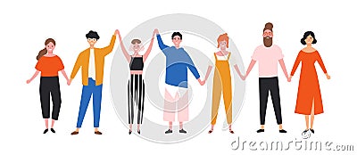 Happy funny young men and women holding hands. Cute smiling people standing in row together. Group of joyful friends Vector Illustration