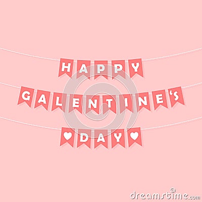 Happy Galentine's Day bunting garland, pink pennants with white letters, party lettering banner, galentine card Vector Illustration