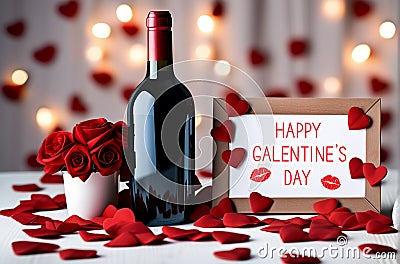 Happy Galentine`s day greeting banner. A bottle of wine, roses in vase, red hearts and frame Stock Photo