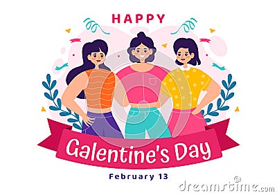 Happy Galentine's Day Vector Illustration on February 13th with Celebrating Women Friendship for Their Freedom Vector Illustration