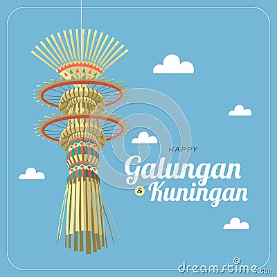 Happy galungan and kuningan with hanging penjor decoration Vector Illustration