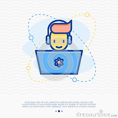 Happy gamer with laptop and headset Vector Illustration