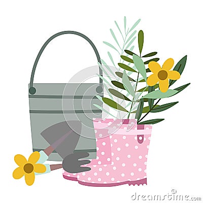 Happy garden, boots bucket rake shovel and flowers Vector Illustration