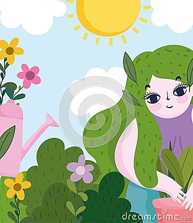 Happy garden, girl with green hairstyle floral leaves and flowers watering can Vector Illustration