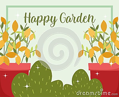 Happy garden, potteed flowers leaves cactus nature banner Vector Illustration