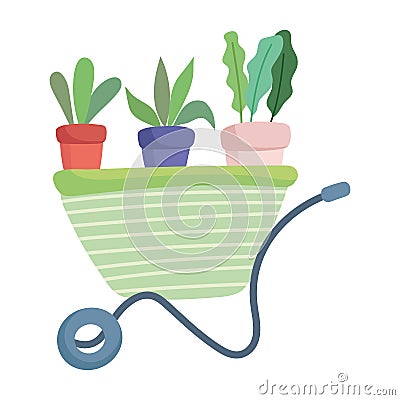 Happy garden, wheelbarrow with potted plants cartoon Vector Illustration