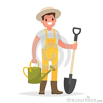 Happy gardener man with a shovel and watering can on a white background. Vector illustration Cartoon Illustration