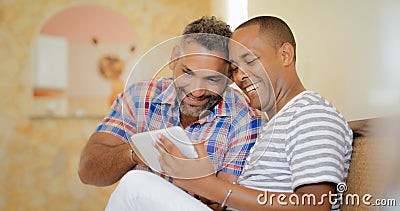 Happy Gay Couple Homosexual People Men Using Tablet Stock Photo