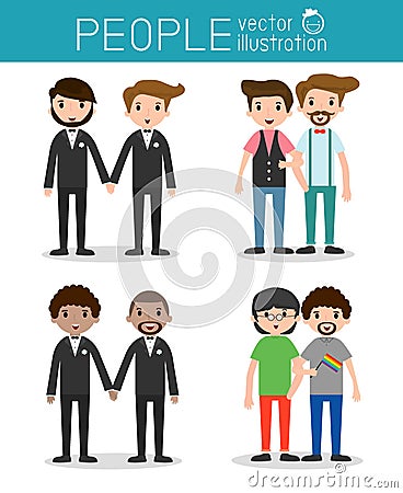 Happy gay, loving gay male couple on their wedding day and casual clothes Vector Illustration