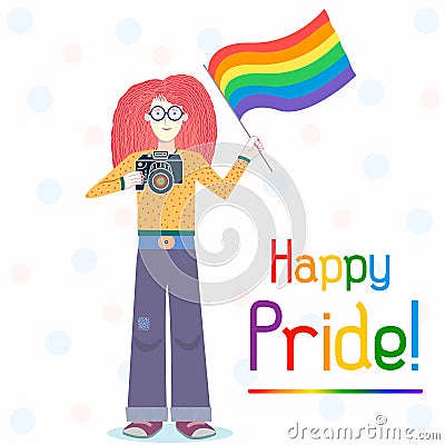 Happy Gay Pride postcard illustration. Pretty girl with rainbow flag and camera. Vector Illustration