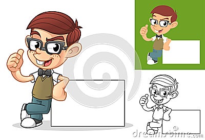 Happy Geek Boy Leaning on Empty Board Cartoon Character Mascot Illustration Vector Illustration