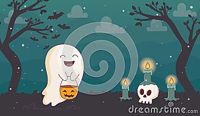 Happy ghost with pumpkin candles skull halloween Vector Illustration