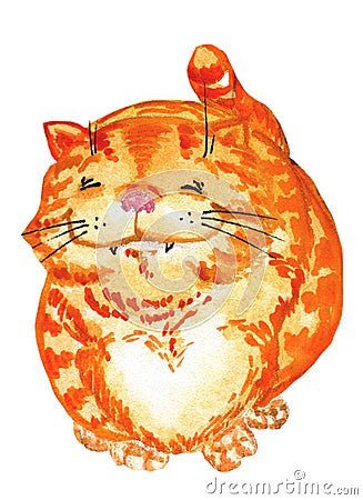 Watercolor fluffy ginger cat, happy face Stock Photo