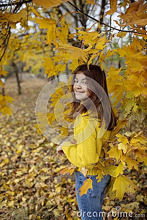 Happy girl in autumn forest with yellowing leaves Stock Photo