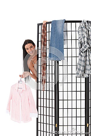 Happy girl behind dressing panel Stock Photo