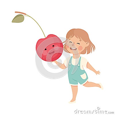 Happy Girl with Big Cherry Fruit with Cheerful Smiley Vector Illustration Vector Illustration