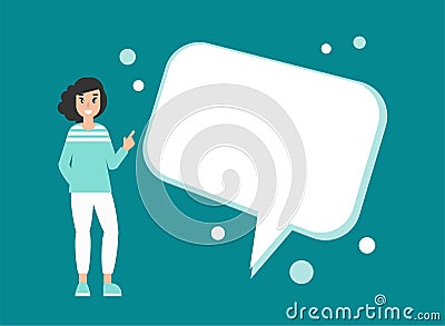 Happy girl with big speech bubble. creative teacher, student, helper giving advice Cartoon Illustration