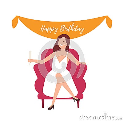 Happy girl celebrating birthday isolated on white background. Joyful young woman in elegant dress sitting in armchair Vector Illustration