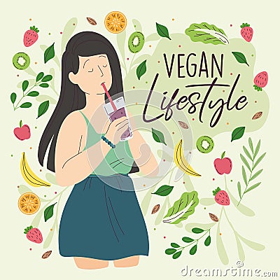 Happy girl character enjoying a vegan drink Vegan lifestyle Vector Vector Illustration