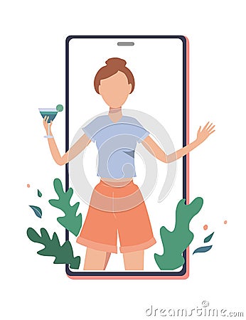 Happy girl with cocktail on the phone screen. Online party, birthday, or meeting friends concept. Quarantine party Vector Illustration