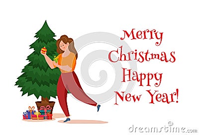 Happy girl decorating Christmas tree with toys, star and garland Vector Illustration
