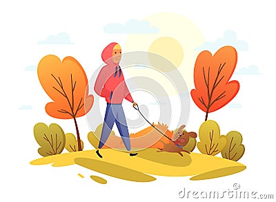 Happy girl with dog in an autumn park. Trend colors. Vector illustration in cartoon flat style. Autumn background - Vector Illustration