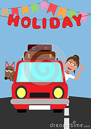 Happy girl and dog going on holiday by car Vector Illustration