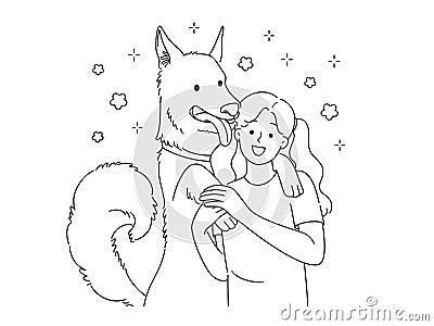 Happy girl and dog hugging Vector Illustration