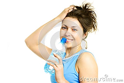 Happy girl drinking mineral water Stock Photo