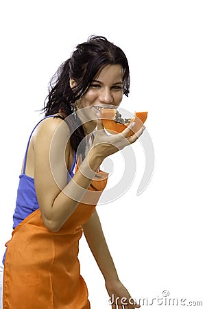 Happy girl eating papaya fruit Stock Photo