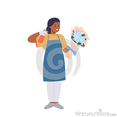Happy girl florist cartoon character spraying flower bouquet with water making creative composition Vector Illustration