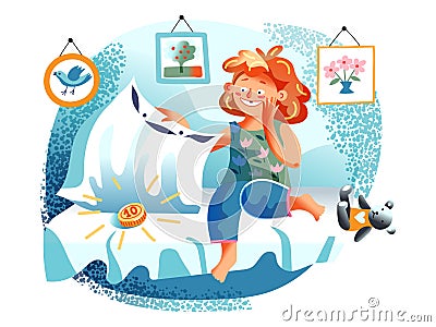 Happy girl found money under pillow for lost tooth Vector Illustration