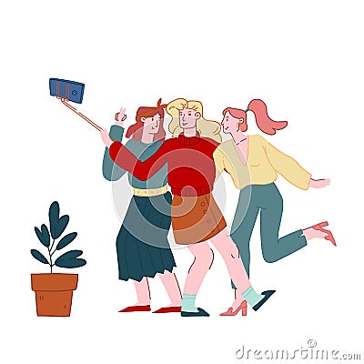 Happy Girl Friends Company Having Fun Making Selfie on Smartphone. Girlfriends Spend Time Together Photographing Vector Illustration