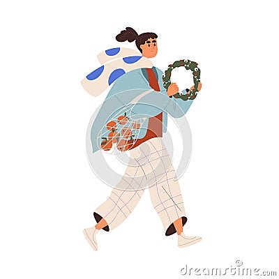 Happy girl going with shopping tote bag, Christmas wreath. Young woman carrying fruits, ornament, preparing for winter Vector Illustration