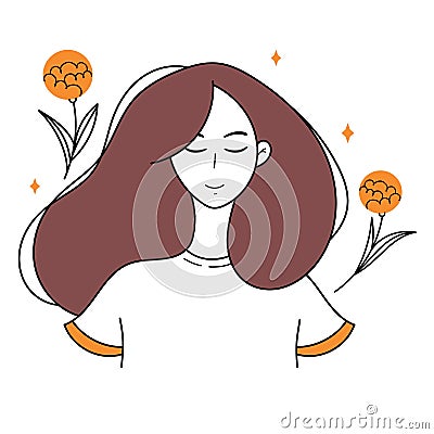 Happy girl in a great mood. Young girl surrounded by spring flowers. Vector illustration. Vector Illustration