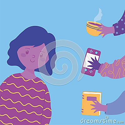 Happy girl and hands with book mobile and coffee cup Vector Illustration