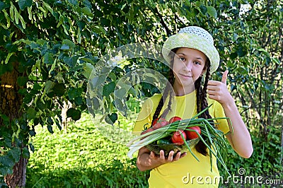 happy girl in hat in the garden with plate of vegetables, tomatoes, cucumbers, green onions with thumb raised up. Proper Stock Photo