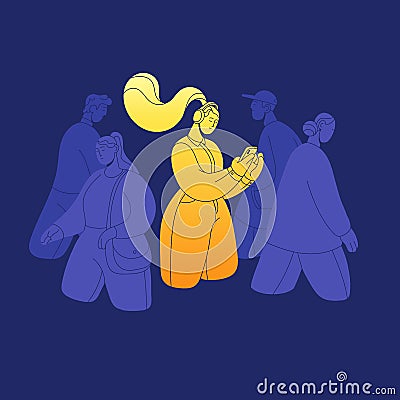Happy girl in headphones listening to music. Outstanding optimistic woman in positive good mood, standing out among Vector Illustration