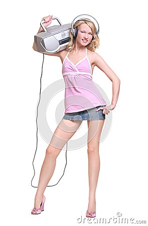 Happy girl with headphones and music boombox Stock Photo