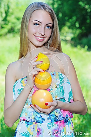 Happy girl and healthy vegetarian food, fruit Stock Photo