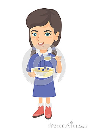 Happy girl holding a spoon and bowl of porridge. Vector Illustration