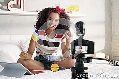 Girl Recording Vlog Video Blog At Home With Camera Stock Photo