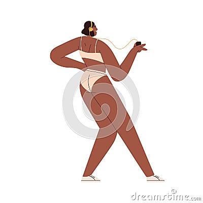 Happy girl listening to music in headphones. Young black woman in bikini dancing to song with mobile phone, enjoying Vector Illustration